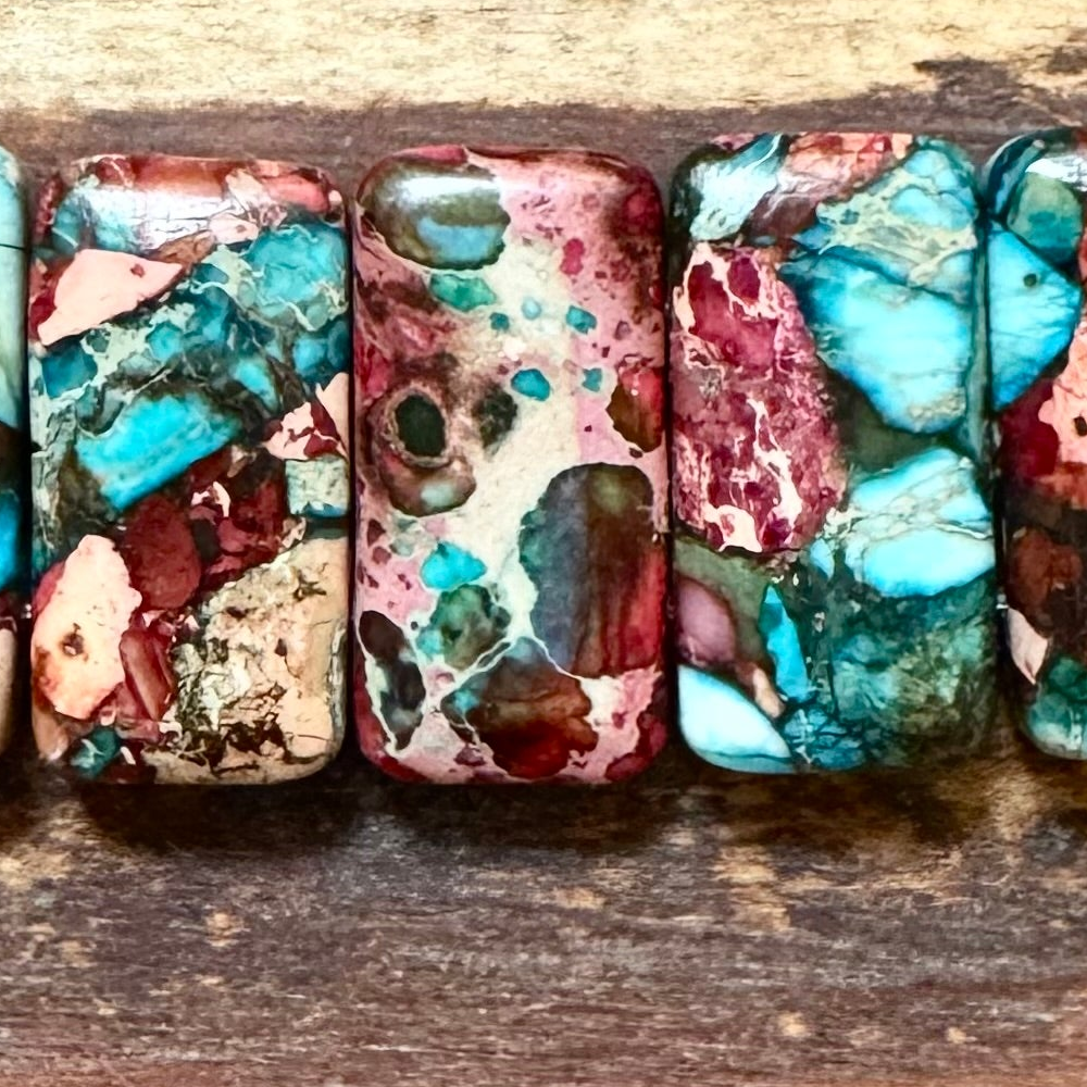 Detail of Double Drilled Variscite Gemstone Strand, Multi Blue/Red, 10x20mm (ABA-1078)