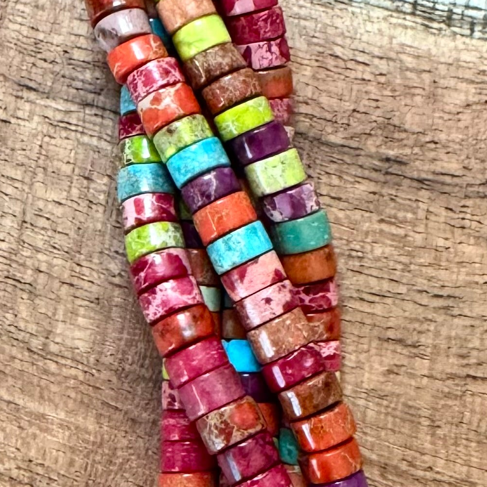 Detail of Multi Variscite Heishi Gemstone Strand, Lt. Green/Red/Orange, 2x4mm (ABA-1234)