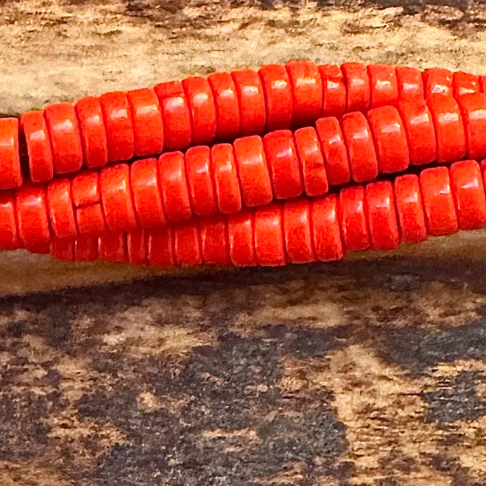 Detail of Magnesite Heishi Gemstone Strand, Red/Orange, 2x4mm (ABA-1109)