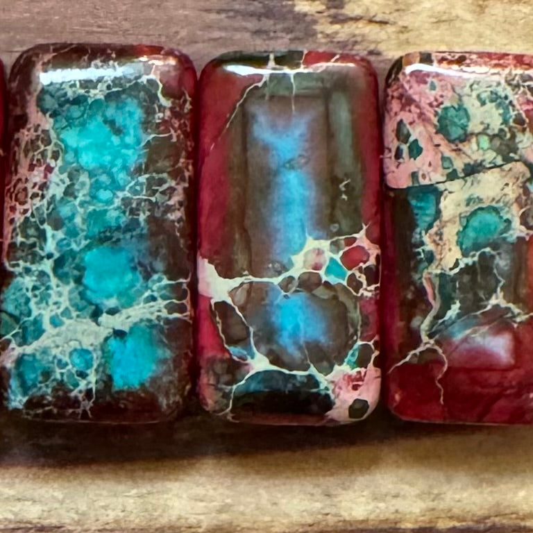 Detail of Double Drilled Variscite Gemstone Strand, Turquoise/Merlot, 10x20mm (ABA-1139)