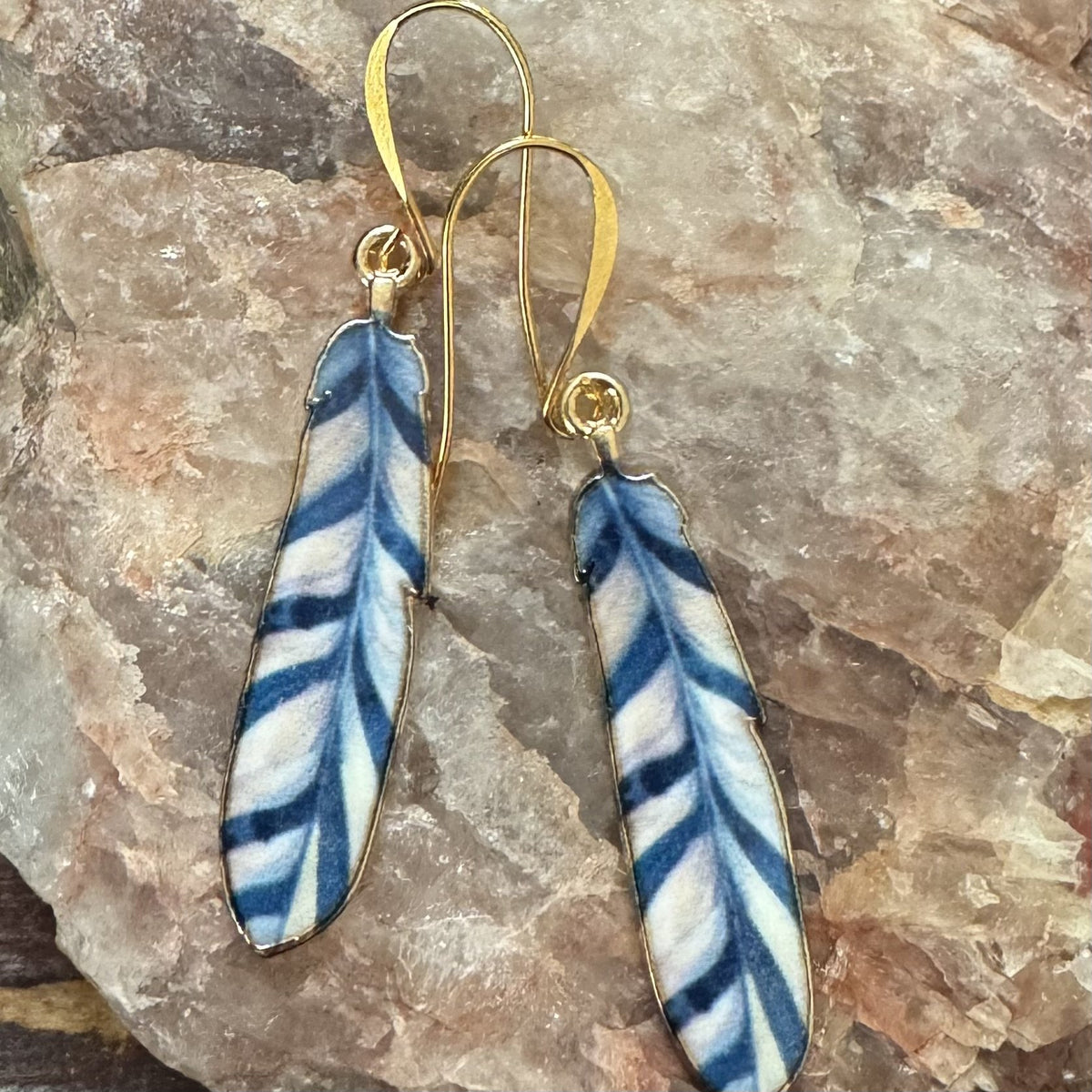 Denim Feathers finished earrings made with PK07GP earwires; decorative components sold separately