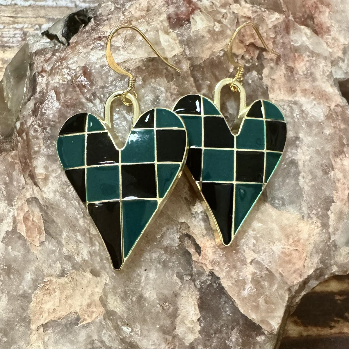 Checkered Heart finished earrings made with PK06GP earwires; decorative components sold separately
